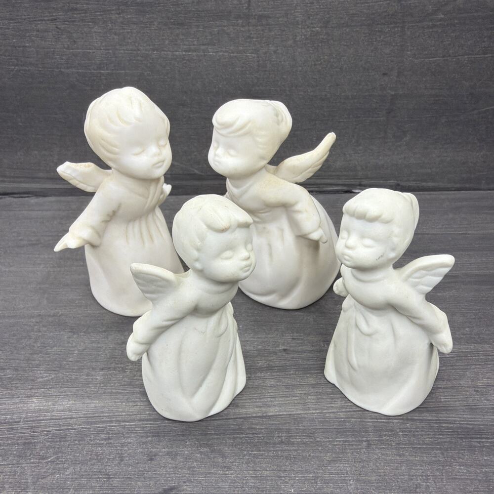 Schmid Bros Japan Bisque Porcelain Kissing Angel Figurines Set of 4 Vintage MCM